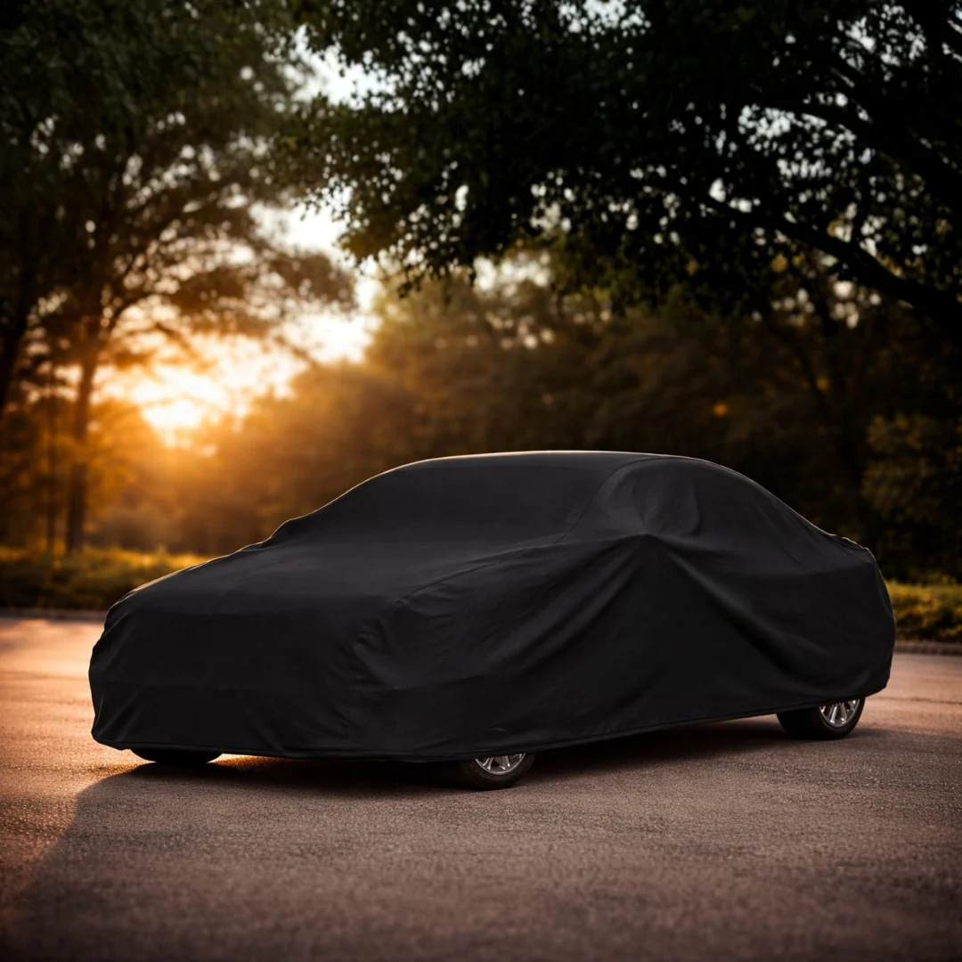 Car cover full black DEMIN terpasang menutupi seluruh bodi mobil mewah di luar ruangan, cahaya golden hour sinematik menerangi permukaan fabric dari belakang menciptakan siluet dramatis