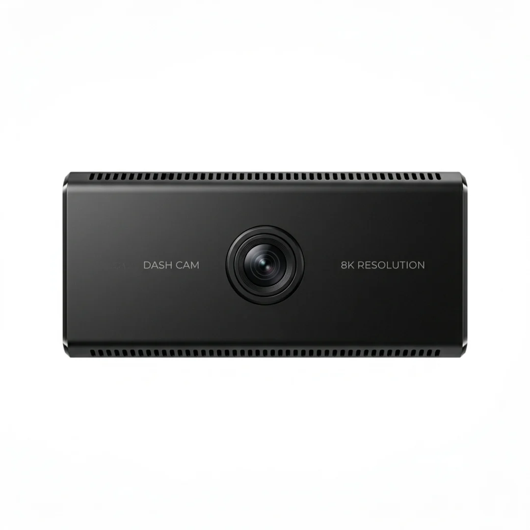 Dash cam DEMIN dengan body matte black kompak dan lensa resolusi tinggi, tampil minimalis dan discreet, difoto di atas background studio putih
