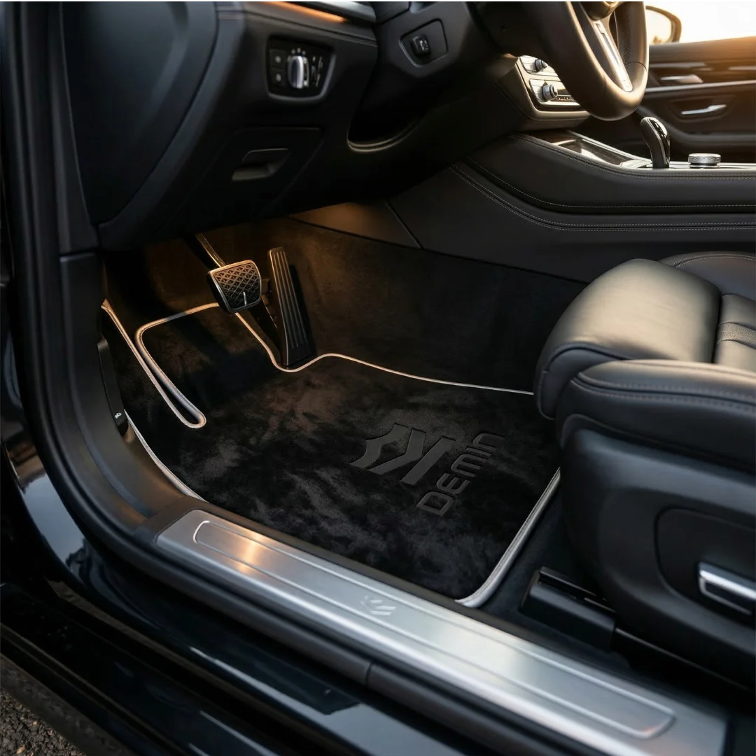 Floor Mat premium DEMIN terpasang di dalam mobil mewah dilihat dari pintu pengemudi yang terbuka, memperlihatkan tekstur velour di samping jok kulit dan door sill aluminium