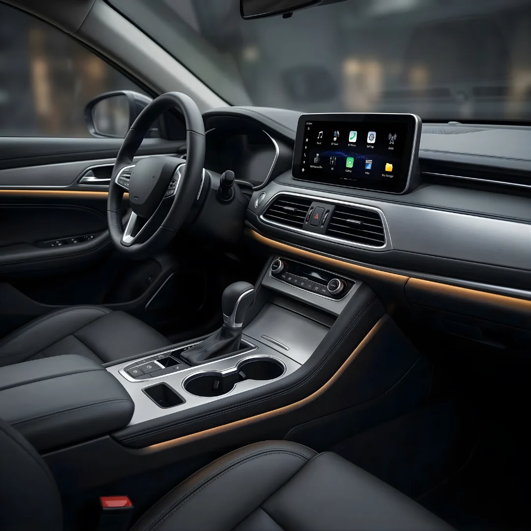Head unit premium DEMIN terpasang di dashboard mobil mewah, layar menyala dengan UI gelap elegan dikelilingi trim kulit matte dan carbon fiber