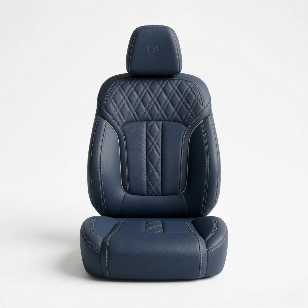 Cover jok mobil DEMIN berbahan kulit Nappa navy blue dengan pola jahitan diamond quilt dan benang kontras gold, difoto di atas background studio putih