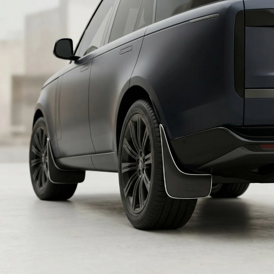 Mudguard matte black DEMIN terpasang di belakang keempat roda SUV mewah, mengikuti lekukan wheel arch dengan sempurna dari sudut tiga perempat samping