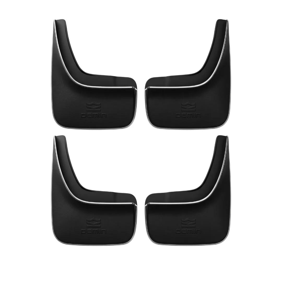 Set mudguard DEMIN berbahan rubber matte black premium dengan tekstur emboss halus dan tepi chrome tipis, disusun rapi difoto di atas background studio putih