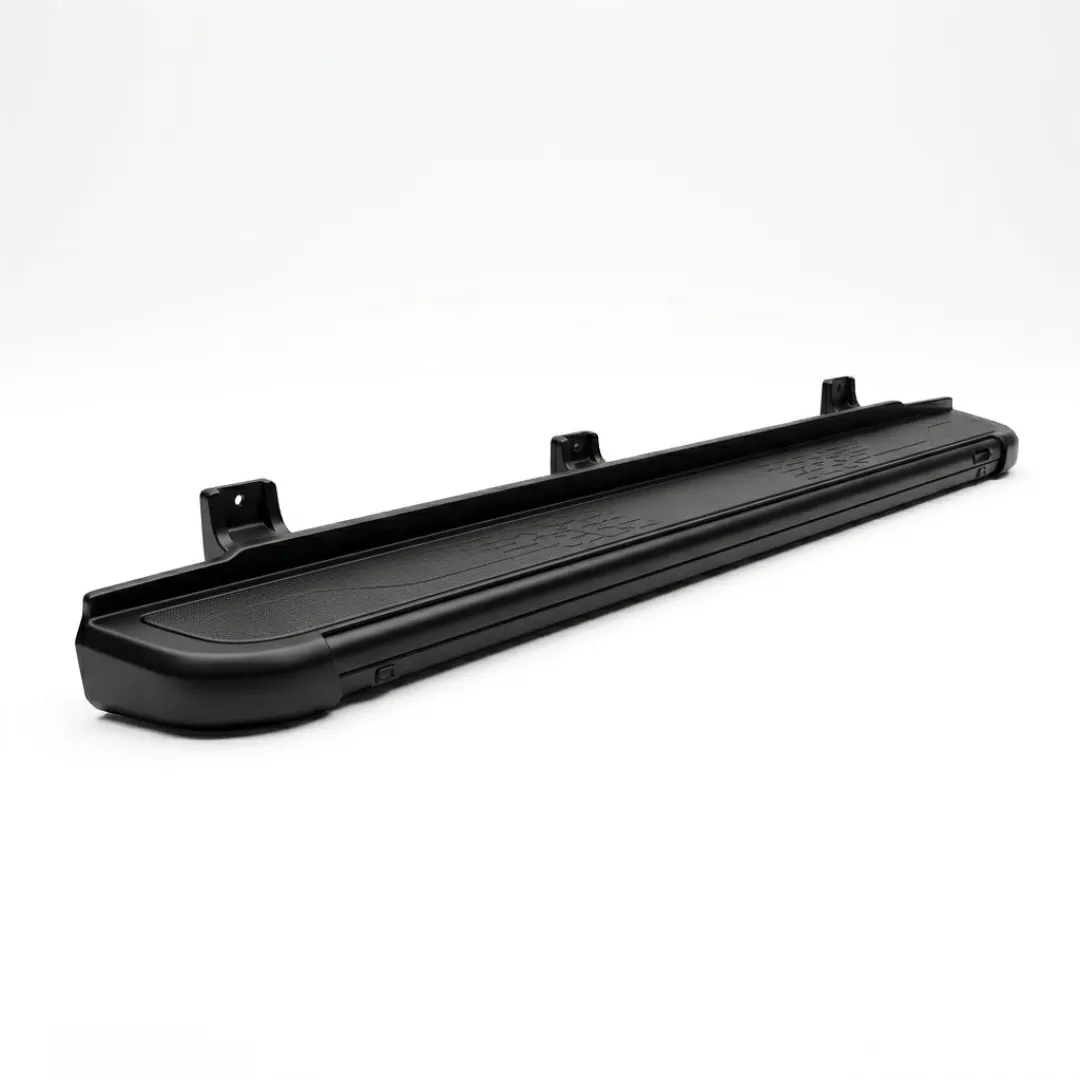 Running board DEMIN dengan full matte black finish, profil slim dan low profile dengan permukaan anti-slip bertekstur halus, difoto horizontal di atas background studio putih