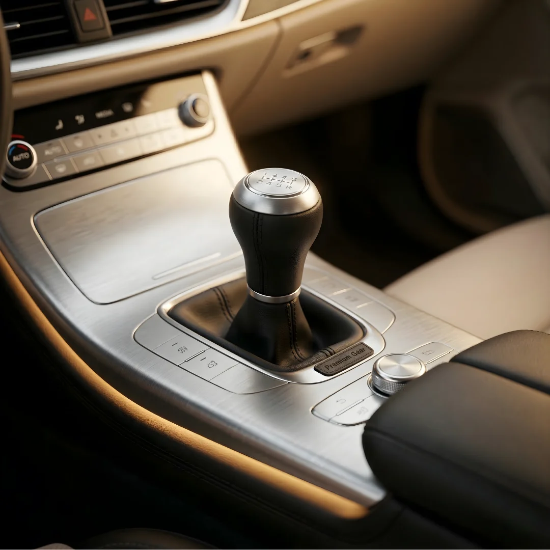 Shift knob premium DEMIN terpasang di center console mobil mewah dikelilingi trim aluminium brushed dan permukaan kulit lembut