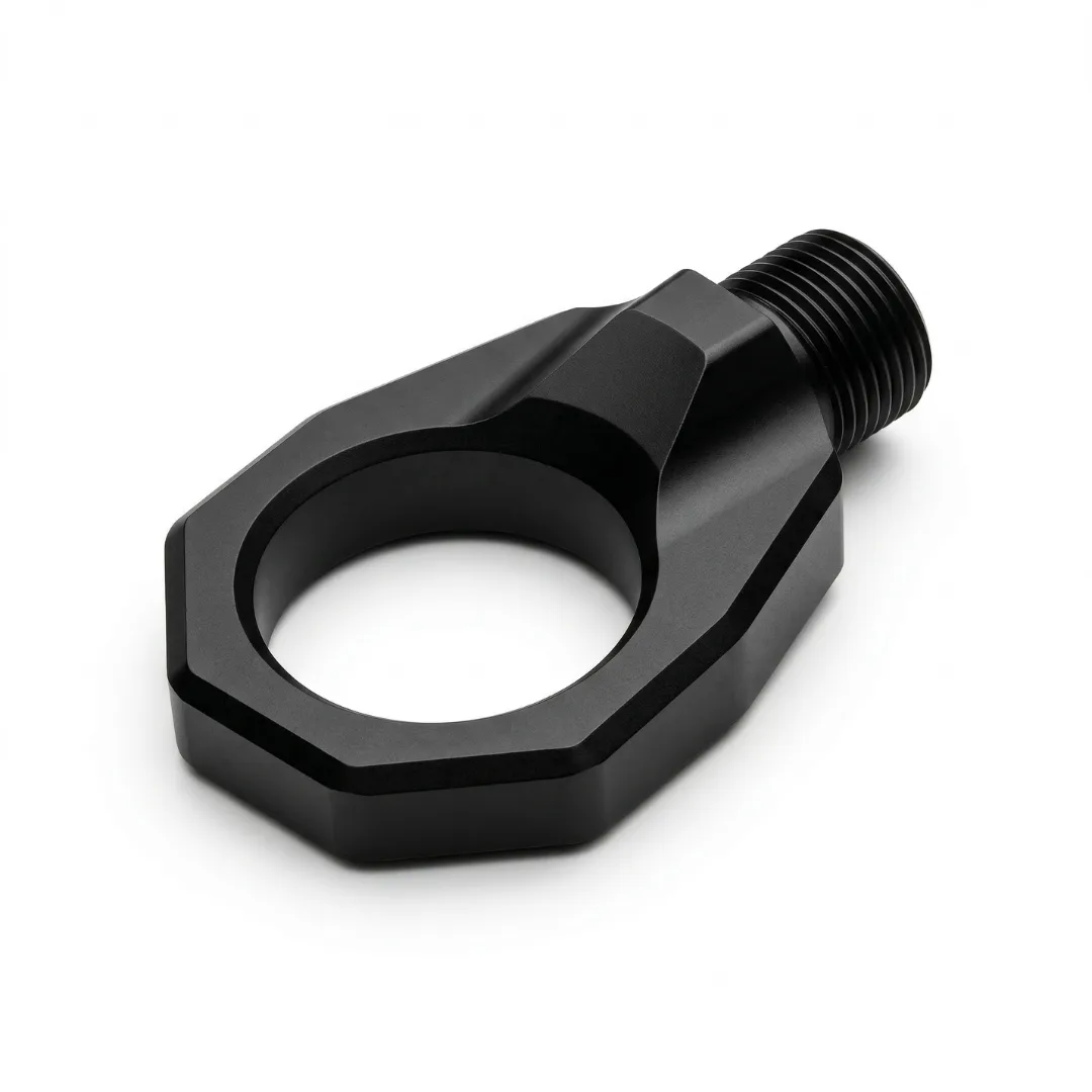 Tow hook DEMIN dari billet aluminium dengan finishing matte black anodized dan chamfered edge presisi, difoto di atas background studio putih