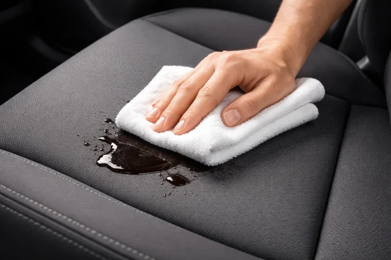 Cara membersihkan tumpahan cairan pada jok mobil premium menggunakan kain microfiber agar tidak meninggalkan noda permanen.
