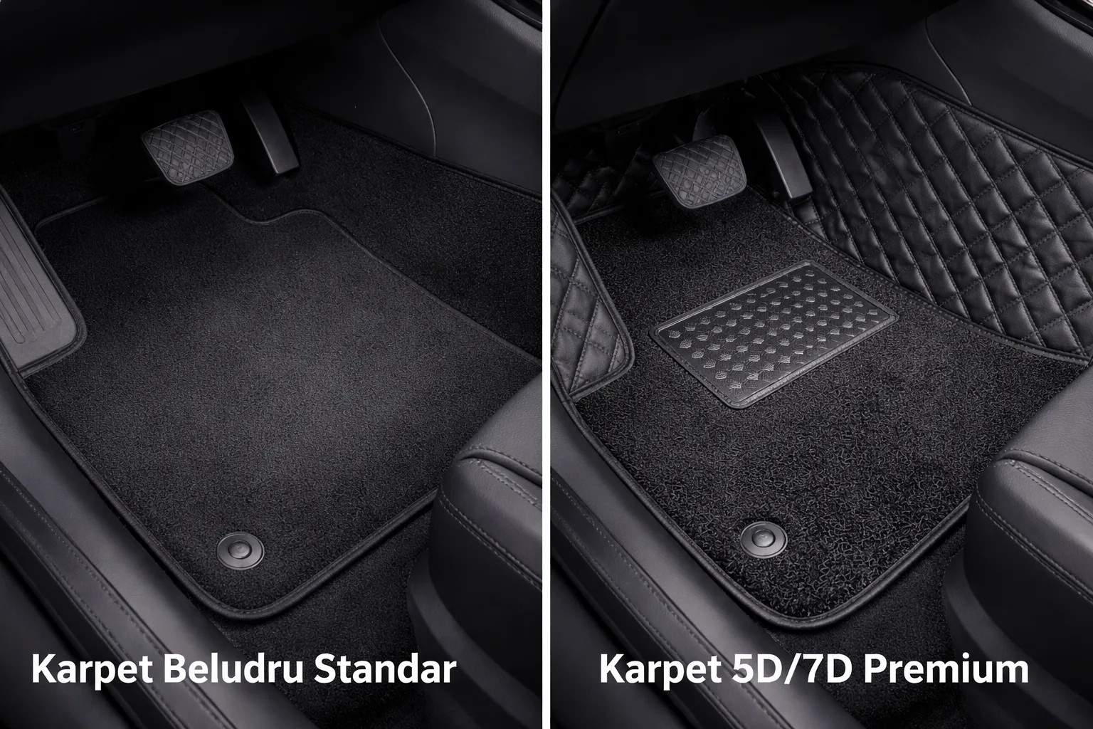 Perbandingan material floor mat mobil antara karpet standar dan karpet premium 5D untuk perlindungan interior maksimal.